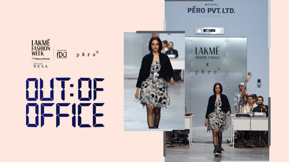 A mood board for the péro Grand Finale at Lakmé Fashion Week, featuring the text "OUT:OF OFFICE" in a digital font and a central photo of a model in a floral appliqué dress and cropped jacket on the runway.