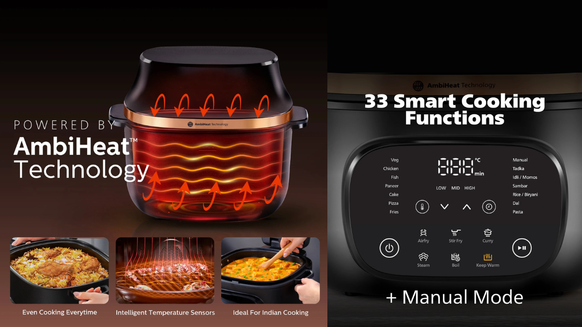 Philips OneChef NX5300/00 Launched in India: The 33-in-1 Smart Powerhouse Redefining Modern Desi Cooking 4 Technical diagram of Philips AmbiHeat Technology showing 360-degree heat circulation and a close-up of the 33 smart cooking function presets.