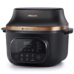 Front view of the black Philips OneChef NX5300/00 smart cooking device featuring a digital touch interface with Indian presets like Tadka and Sambar.