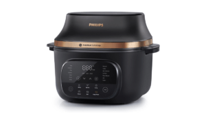 Front view of the black Philips OneChef NX5300/00 smart cooking device featuring a digital touch interface with Indian pre...