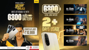 Promotional poster of POCO C85x 5G featuring Akshay Kumar, highlighting the 6300mAh battery and ₹10,999 starting price.