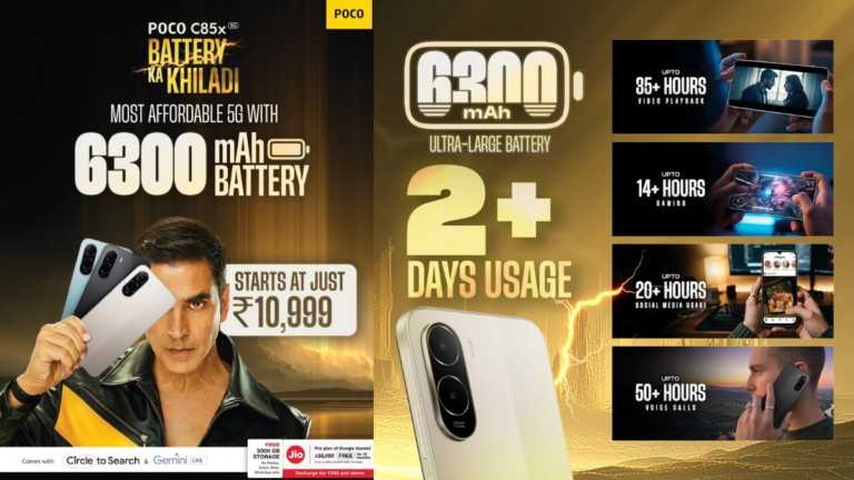 Poco C85x 5G Launch in India: The 6,300mAh Battery Beast Starting at ₹10,999 9 Promotional poster of POCO C85x 5G featuring Akshay Kumar, highlighting the 6300mAh battery and ₹10,999 starting price.