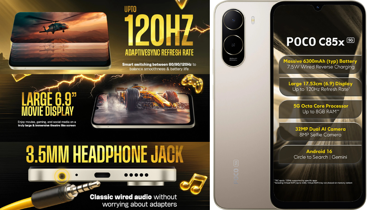 Poco C85x 5G Launch in India: The 6,300mAh Battery Beast Starting at ₹10,999 2 Infographic showing POCO C85x 5G's 6.9-inch 120Hz AdaptiveSync display, 3.5mm jack, and Android 16 interface.