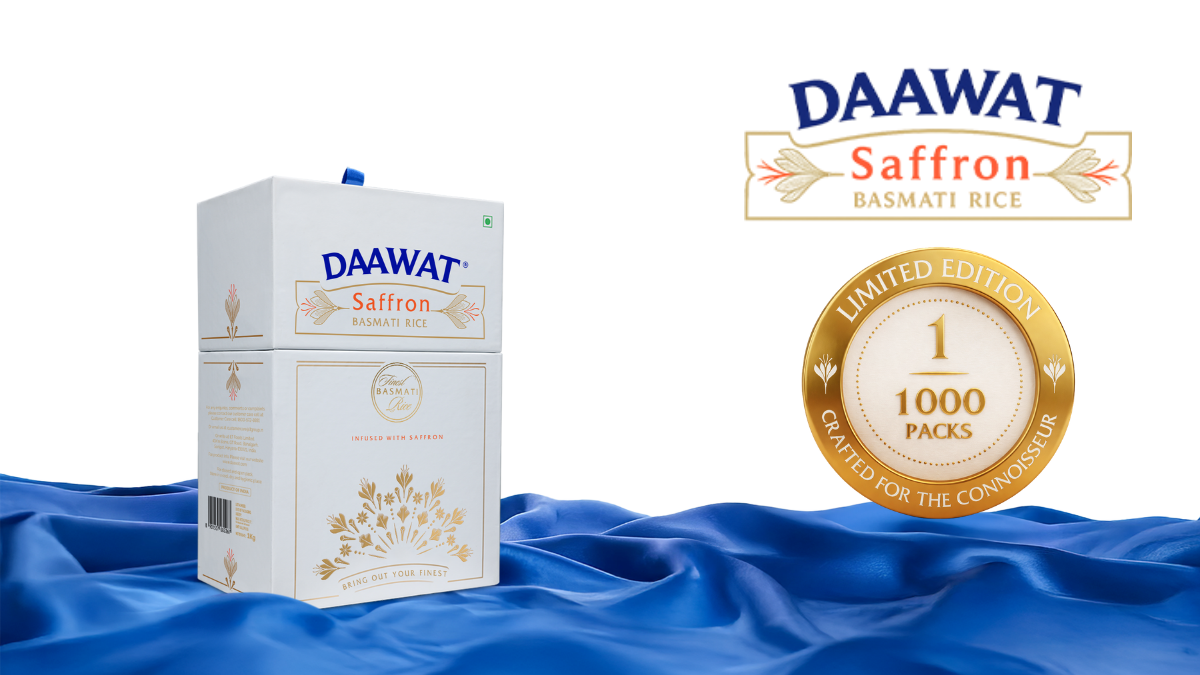 India’s First Saffron-Infused Basmati: LT Foods Unveils the Exclusive DAAWAT Collector’s Edition 2 Luxury white and gold packaging of Daawat Saffron Basmati Rice displayed on blue silk fabric with a prominent gold limited edition badge.