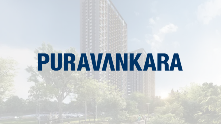 The Puravankara Limited logo displayed over a modern high-rise residential building surrounded by lush green landscapes and bright skies.