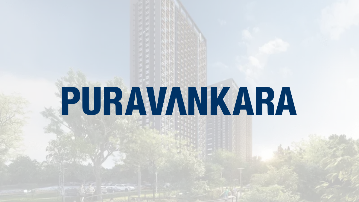 The Puravankara Limited logo displayed over a modern high-rise residential building surrounded by lush green landscapes and bright skies.