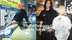 Models wearing the RUF x Gran Turismo 30th Anniversary collection apparel on the streets of Tokyo, celebrating Pfaffenhaus...
