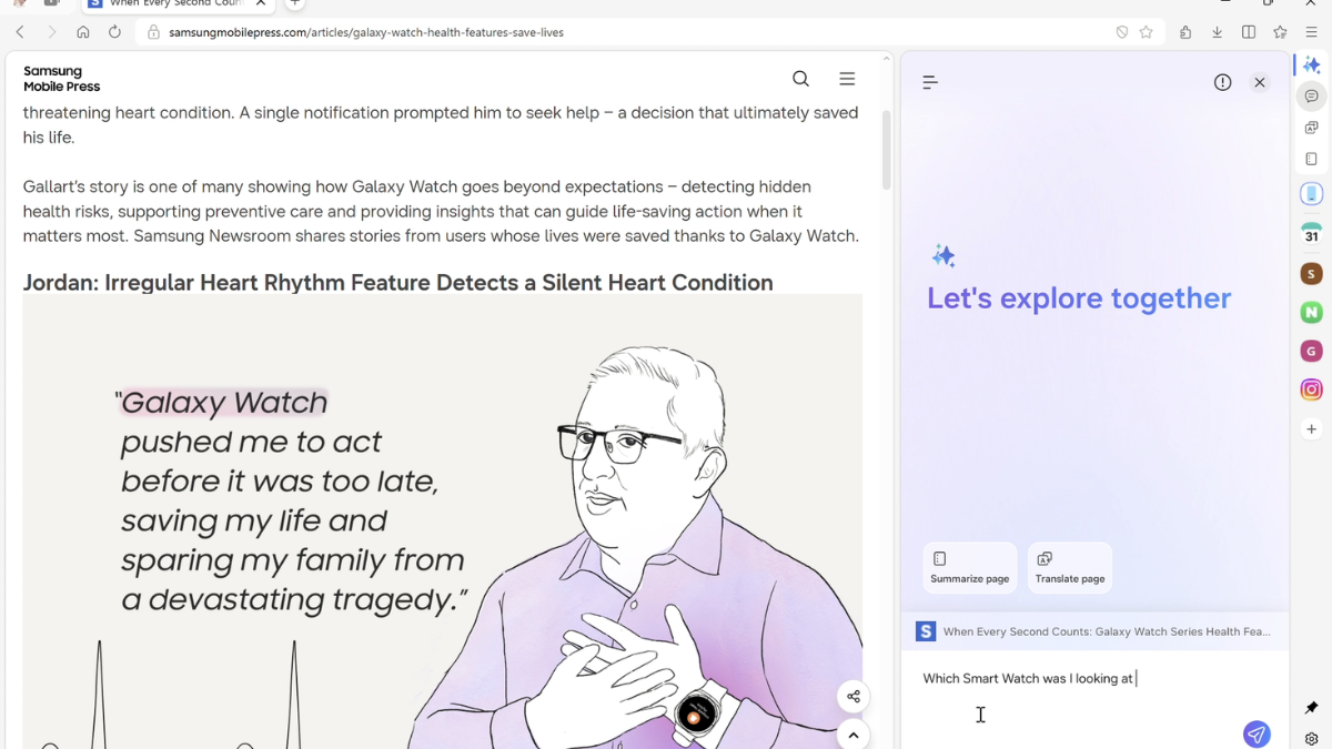 Samsung Browser Hits Windows: Perplexity-Powered "Agentic AI" Bridges the Gap Between Your Phone and PC 3 A browser window featuring a health article with an AI sidebar titled "Let's explore together" where a user is searching for a previously viewed smartwatch using natural language.