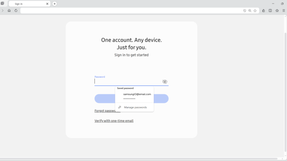 Samsung Browser Hits Windows: Perplexity-Powered "Agentic AI" Bridges the Gap Between Your Phone and PC 2 A web browser interface on Windows 11 showing a Samsung account login page with a "Saved password" tooltip for secure Samsung Pass autofill.