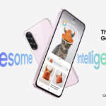 Official marketing render of Samsung Galaxy A56 5G in Lilac showing Circle to Search AI feature with a cat image on screen.