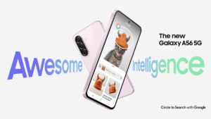 Official marketing render of Samsung Galaxy A56 5G in Lilac showing Circle to Search AI feature with a cat image on screen.