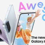 Samsung Galaxy A57 and A37 5G smartphones in Navy, Lilac, and Icy Blue with "Awesome" text and lifestyle screen.