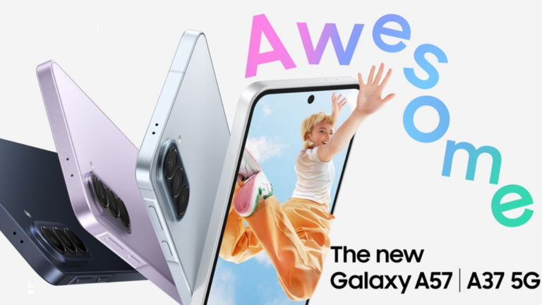 Samsung Galaxy A57 and A37 5G smartphones in Navy, Lilac, and Icy Blue with "Awesome" text and lifestyle screen.