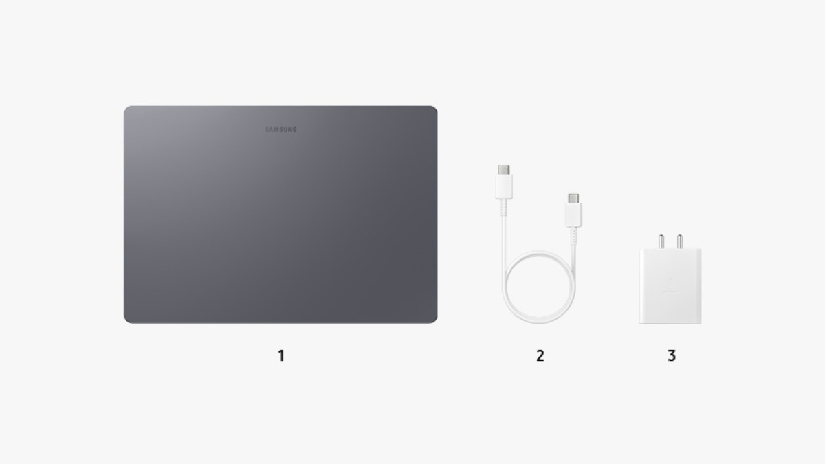 Contents of the Samsung Galaxy Book6 packaging including the laptop, USB Type-C to Type-C cable, and fast-charging power adapter.