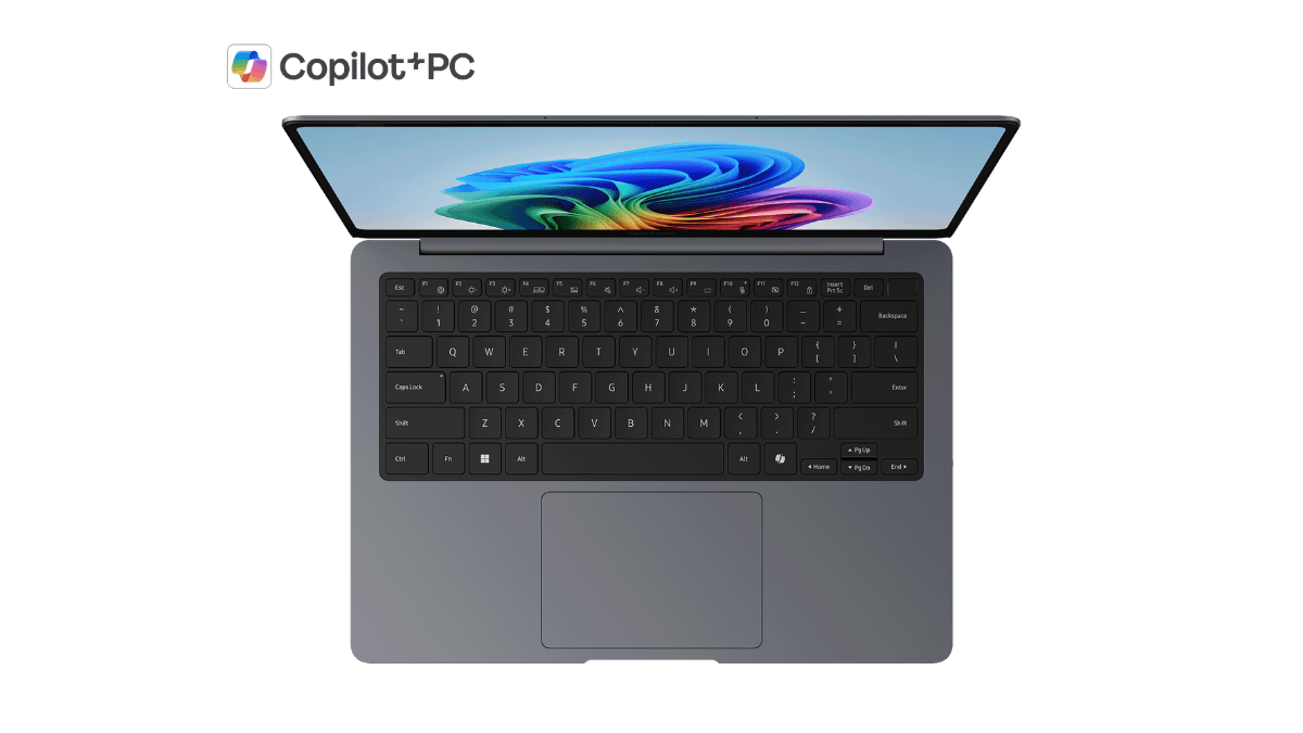 Top-down view of the Samsung Galaxy Book6 Pro laptop highlighting its backlit keyboard, haptic trackpad, and Copilot+ PC branding.