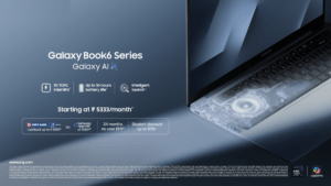 Promotional banner for Samsung Galaxy Book6 Series in India highlighting Galaxy AI, ₹ 5333 monthly EMI offer, and up to 30...