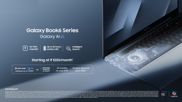 Promotional banner for Samsung Galaxy Book6 Series in India highlighting Galaxy AI, ₹ 5333 monthly EMI offer, and up to 30 hours of battery life.
