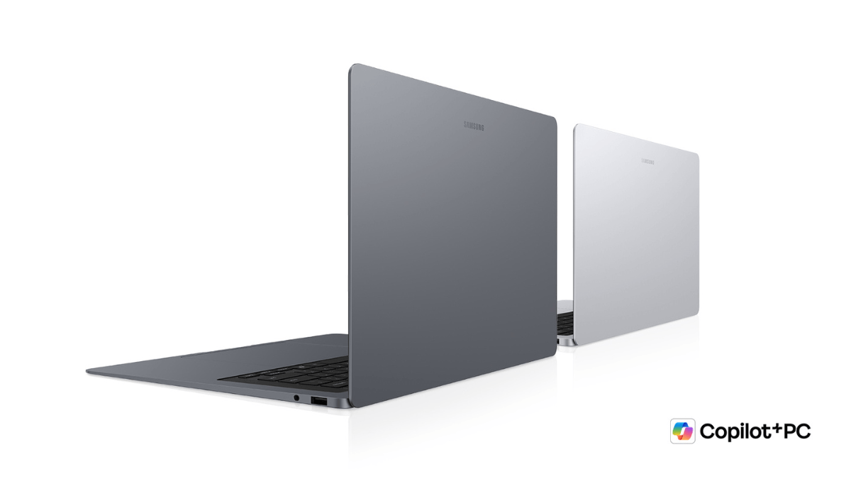 Side-by-side back view of Samsung Galaxy Book6 Ultra and Pro models in Gray and Silver showcasing their ultra-slim profiles.