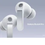 Close-up of Samsung Galaxy Buds4 Pro in Titanium White featuring the new AI-ISP blade design and mesh microphones for adap...
