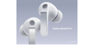 Close-up of Samsung Galaxy Buds4 Pro in Titanium White featuring the new AI-ISP blade design and mesh microphones for adap...