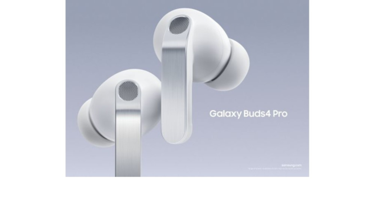 Samsung Galaxy Buds4 Pro India Launch: The New Gold Standard for AI Audio? 8 Close-up of Samsung Galaxy Buds4 Pro in Titanium White featuring the new AI-ISP blade design and mesh microphones for adaptive noise control.
