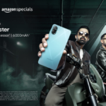Samsung Galaxy M17e 5G Amazon Specials launch poster featuring the smartphone in light blue and purple with a 6000mAh battery and MediaTek processor.
