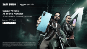 Samsung Galaxy M17e 5G Amazon Specials launch poster featuring the smartphone in light blue and purple with a 6000mAh batt...