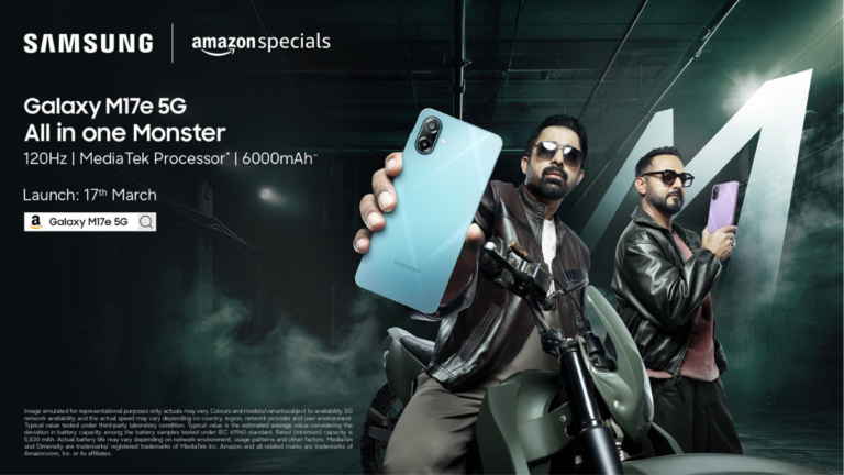 Samsung’s Under-₹14K Monster Battery King Is Arriving Today: The Galaxy M17e 5G Ready for Debut 4 Samsung Galaxy M17e 5G Amazon Specials launch poster featuring the smartphone in light blue and purple with a 6000mAh battery and MediaTek processor.