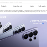 A screenshot of the Samsung Mobile Press website showcasing the Galaxy S26 Ultra and its core "Galaxy AI" integration.