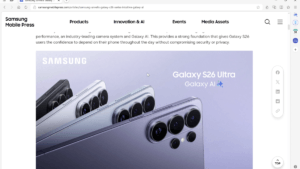 A screenshot of the Samsung Mobile Press website showcasing the Galaxy S26 Ultra and its core "Galaxy AI" integration.
