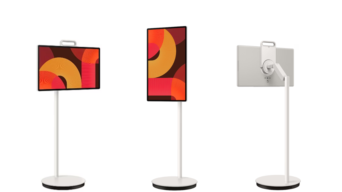 Samsung The Movingstyle: The Portable Screen on Wheels Is Finally Rolling Out. What India Needs to Know! 4 Official studio renders showing Samsung The Movingstyle in landscape, portrait (pivot), and rear-view stand mounting.