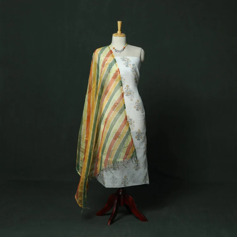Sanganeri Hand Block Print Kota Doria Cotton 2pc Unstitched Dress Material from iTokri featuring yellow and green striped dupatta.