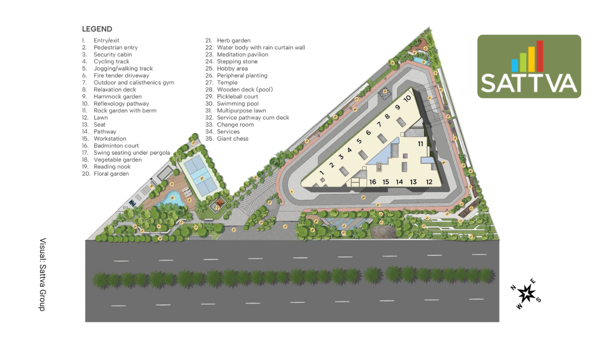 Sattva Vasanta Cove: 2026’s Most Strategic "Airport-City" Investment in North Bengaluru 2 Comprehensive master plan of Sattva Vasanta Cove in North Bengaluru, detailing 35 lifestyle amenities and the triangular tower layout.