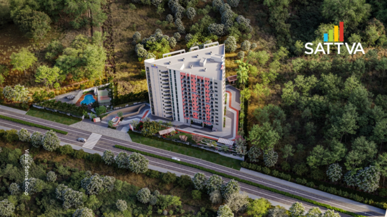 Aerial architectural render of the Sattva Vasanta Cove triangular building elevation near Bengaluru International Airport.