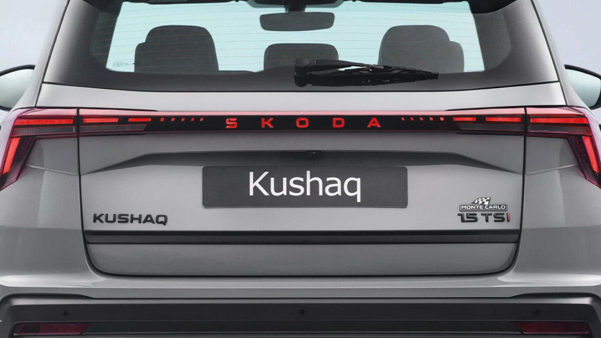 Rear view of the 2026 Skoda Kushaq Monte Carlo 1.5 TSI showcasing connected LED taillights, illuminated SKODA lettering, and the updated rear bumper.