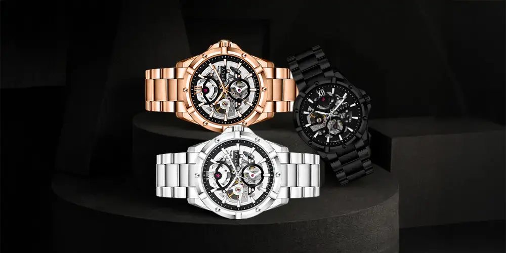 Sylvi Pulse Skeleton Watch: Why This Made-in-India Automatic is the Boldest Wrist Move of 2026 2 Three variants of the Sylvi Pulse Skeleton watch collection in Rose Gold, All Black, and Silver stainless steel finishes.