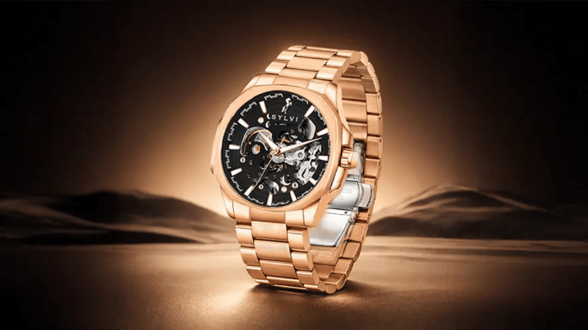 Mastering Time with Kinetic Art: Why the Sylvi Core-X Skeleton Automatic is the New Identity of the Modern Indian Man 2 Close-up of the Sylvi Core-X Black Rosegold Steel automatic watch featuring an open-heart skeleton dial and stainless steel strap.