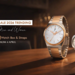 An advertisement poster for the Sylvi Summer Sale 2026. The text reads "SYLVI RACE WITH TIME" with a logo, and "SYLVI SUMMER SALE 2026 TRENDING Watches for Men and Women." Below it, "UPTO 18% OFF Watch Box & Straps STARTING FROM 4 APRIL". Two premium watches are featured on a wooden surface in warm light: a larger men's bicolor silver and rose gold watch with a white textured dial, and a smaller matching women's bicolor watch with a smooth silver dial. The website "www.sylvi.in" is at the bottom.