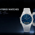 Hero shot of Sylvi TimeShift hybrid analog-digital watches for men featuring navy blue dials with both stainless steel and silicone strap options.