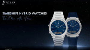 Hero shot of Sylvi TimeShift hybrid analog-digital watches for men featuring navy blue dials with both stainless steel and...