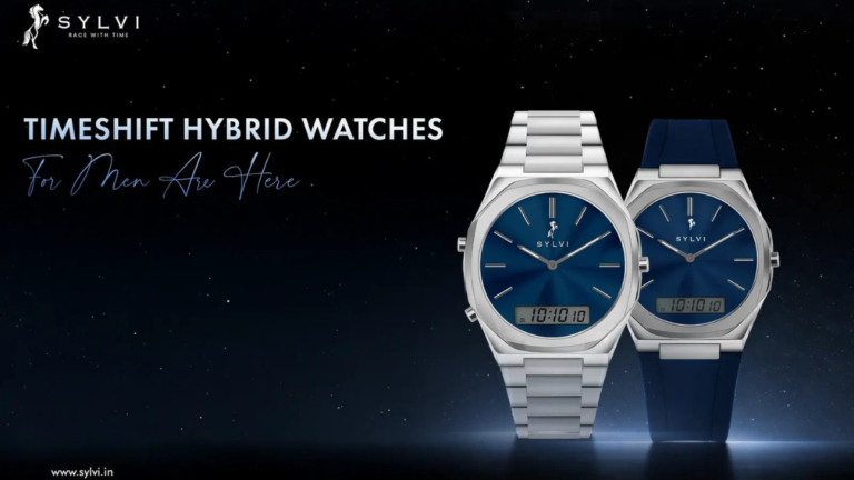 Hero shot of Sylvi TimeShift hybrid analog-digital watches for men featuring navy blue dials with both stainless steel and silicone strap options.