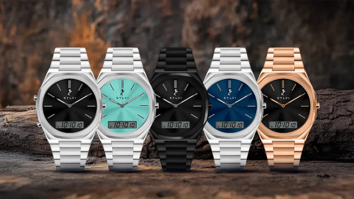 Five variants of Sylvi TimeShift premium steel strap watches for men showcasing black, mint green, navy blue, and rose gold dial designs.