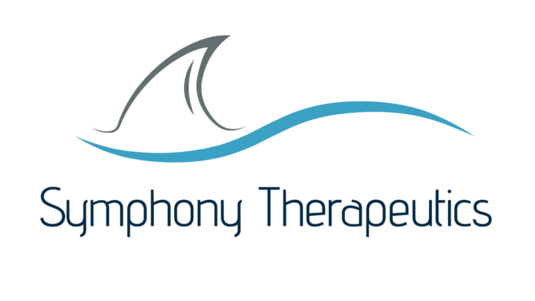 Symphony Therapeutics official brand logo featuring a teal wave and grey shark fin icon with modern typography.