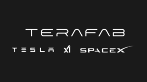 The white minimalist logos of Terafab, Tesla, xAI, and SpaceX displayed together on a solid black background, representing...