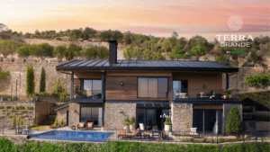 Ultra-luxury 5 BHK villa at Terra Grande Narendra Nagar by Eldeco featuring stone facades, private infinity pool, and moun...