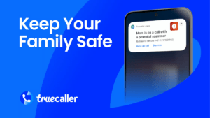 A smartphone displaying a Truecaller notification that reads "Mom is on a call with a potential scammer" with options to "...