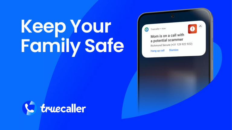 The Digital Safety Circle: Truecaller Officially Activates ‘Family Protection’ to Shield Indian Households 5 A smartphone displaying a Truecaller notification that reads "Mom is on a call with a potential scammer" with options to "Hang up call" or "Dismiss."