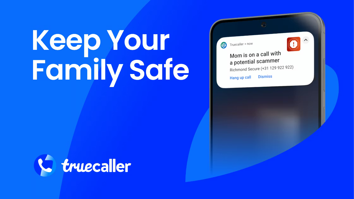 A smartphone displaying a Truecaller notification that reads "Mom is on a call with a potential scammer" with options to "Hang up call" or "Dismiss."