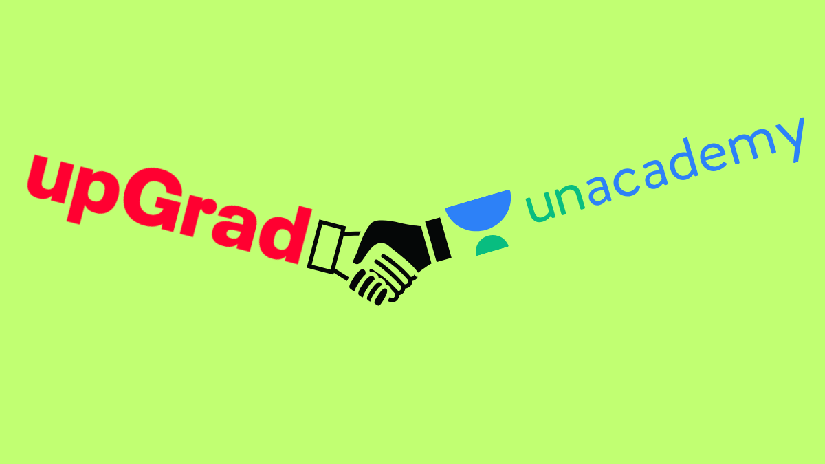 upGrad and unacademy logos side-by-side with a handshake icon in the center, set against a lime-green background, symbolizing the definitive merger agreement finalized in March 2026.