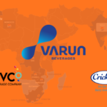 Corporate infographic featuring logos of Varun Beverages, Bevco, and Crickley Dairy over a map highlighting VBL's operations in India, Nepal, Sri Lanka, and across Africa including South Africa, Zimbabwe, and Morocco.